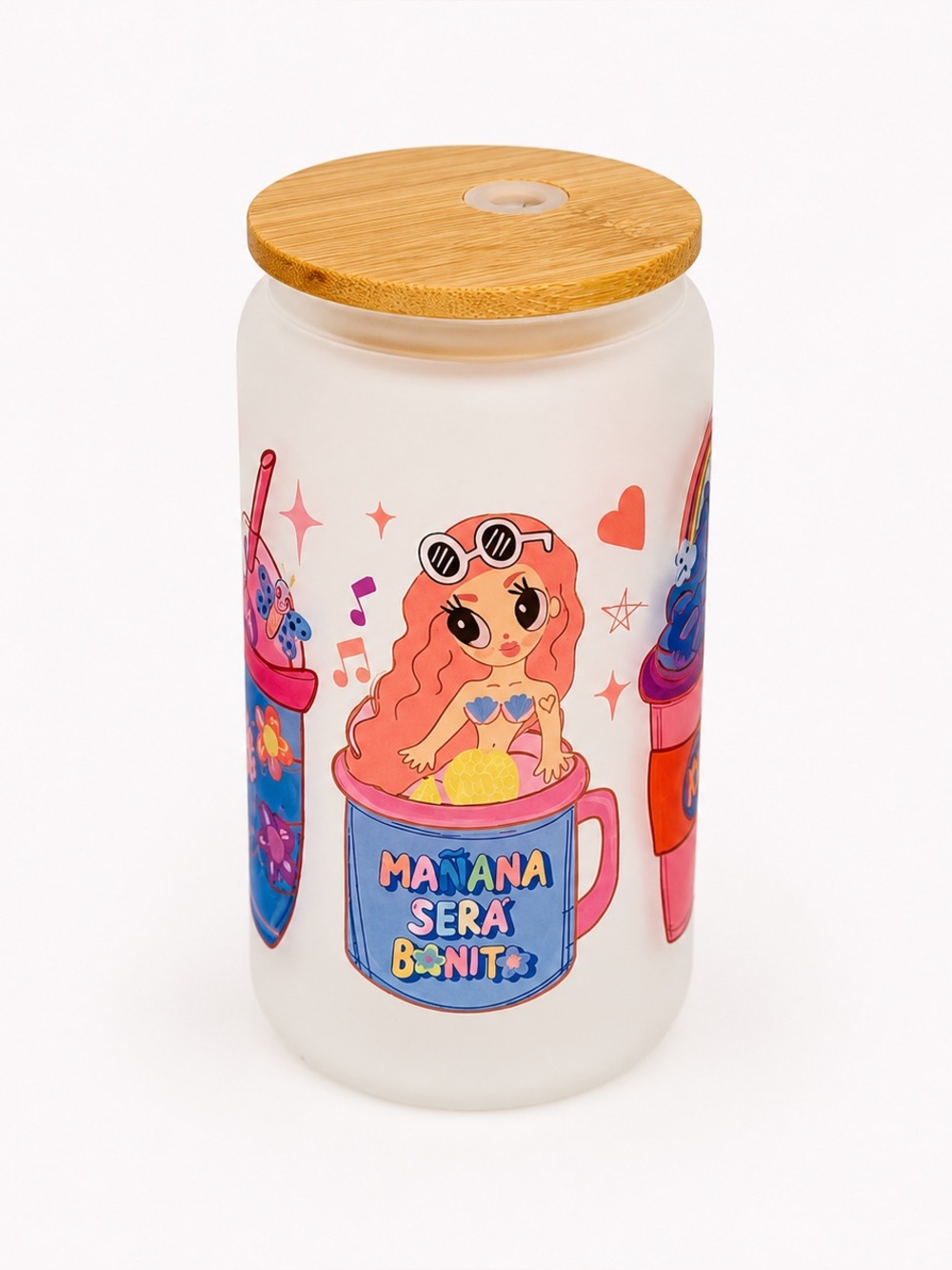 Manãna Sera Bonito Mermaid 16oz Frosted Can Glass Tumbler with Bamboo Lid